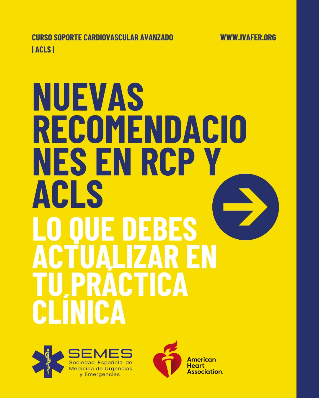 Portada de carrusel informativo sobre nuevas recomendaciones de la American Heart Association en RCP y soporte cardiovascular avanzado, dirigido a profesionales sanitarios.