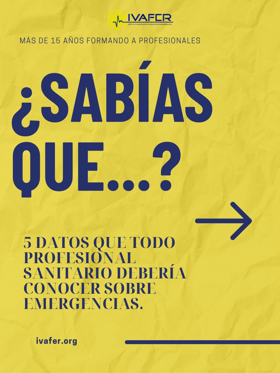 Portada de un carrusel de IVAFER con el título “¿Sabías que?”. El diseño presenta una pregunta introductoria sobre datos relevantes en emergencias sanitarias y formación clínica. La imagen muestra un entorno de simulación clínica con profesionales sanitarios trabajando en equipo durante una situación de emergencia.