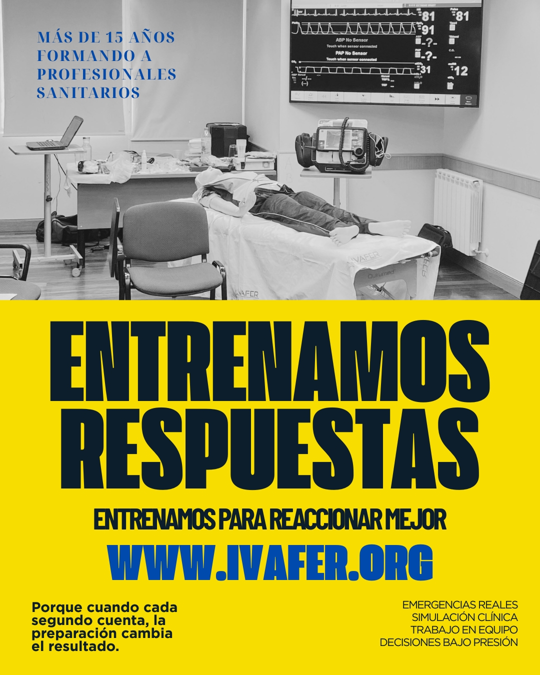 Publicación corporativa de IVAFER con imágenes de simulación clínica y entrenamiento sanitario en emergencias. Se observan profesionales realizando prácticas de soporte vital, trabajo en equipo y atención al trauma en distintos escenarios formativos. El contenido transmite preparación, liderazgo clínico y actuación bajo presión.
