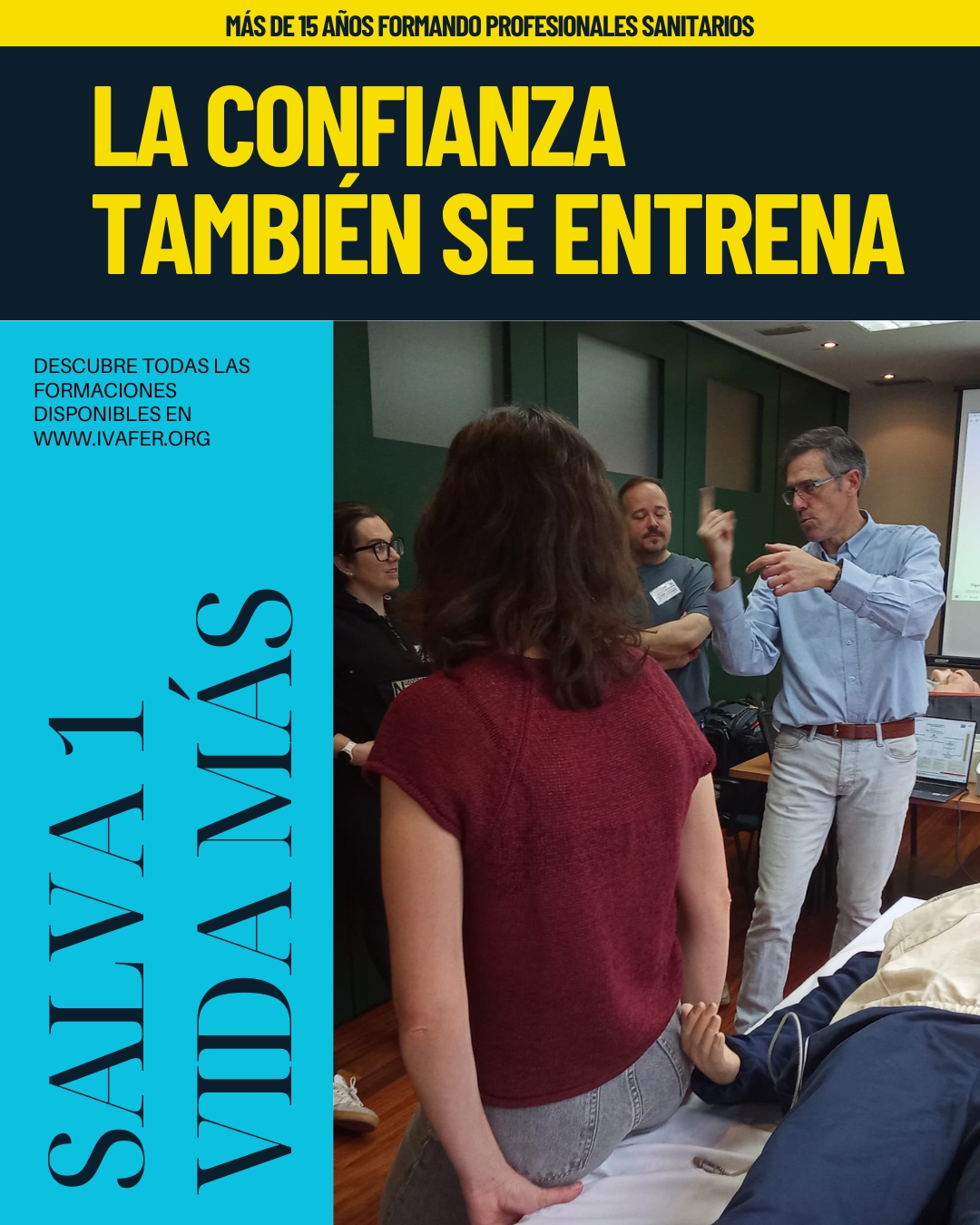 Imagen corporativa de IVAFER mostrando una escena de formación sanitaria en simulación clínica. Varios profesionales sanitarios trabajan coordinados durante un entrenamiento práctico en emergencias. La imagen transmite preparación, confianza y trabajo en equipo en un entorno clínico realista.
